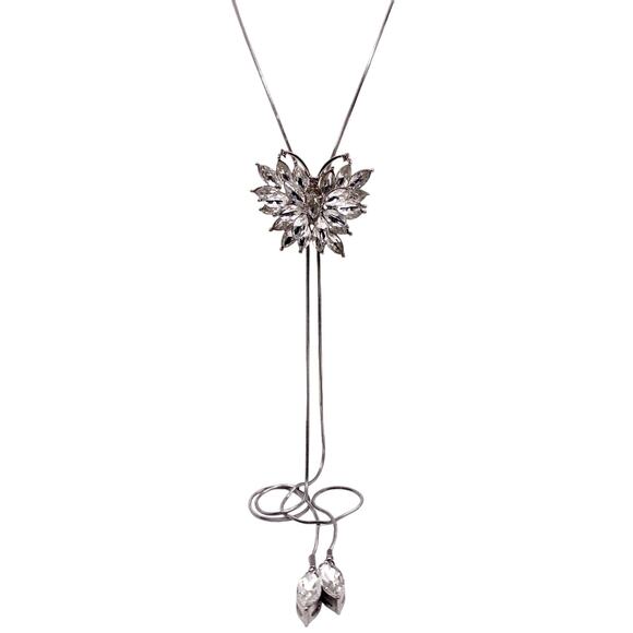 Beautiful Bolo Tie Rhinestones Silver Tone Necklace 32” - Picture 1 of 5